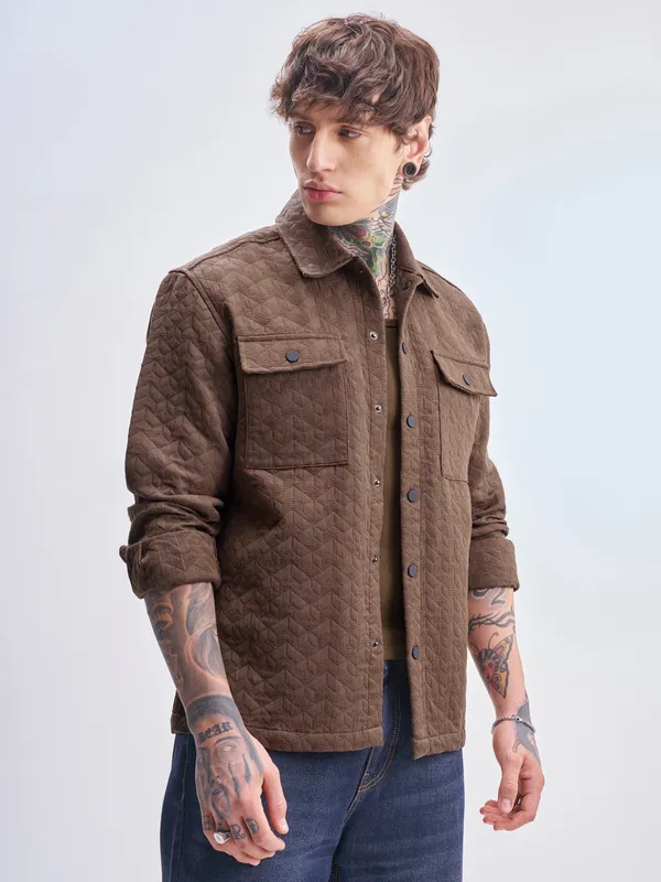 Highlander Men Brown Self Design Relaxed Fit Casual Shirt