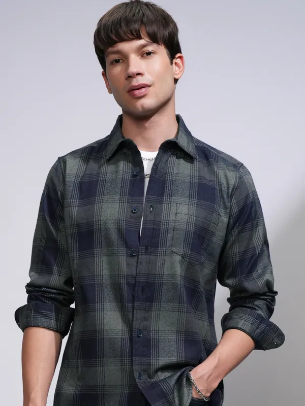 Highlander Men Olive Checked Slim Fit Casual Shirt