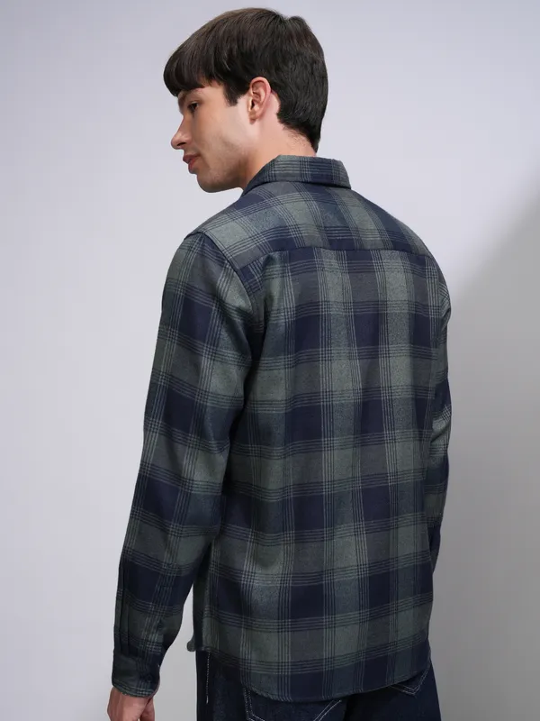 Highlander Men Olive Checked Slim Fit Casual Shirt