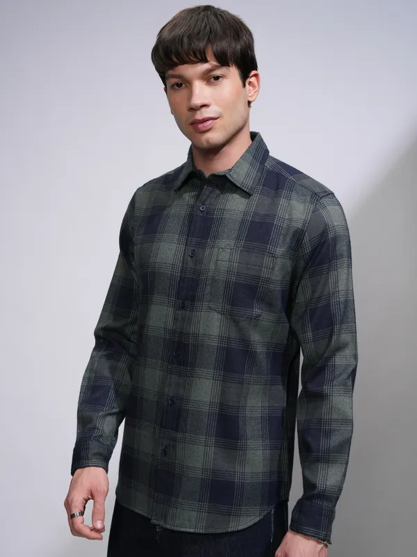 Highlander Men Olive Checked Slim Fit Casual Shirt