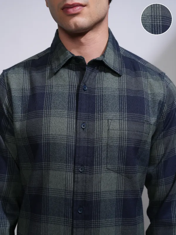 Highlander Men Olive Checked Slim Fit Casual Shirt