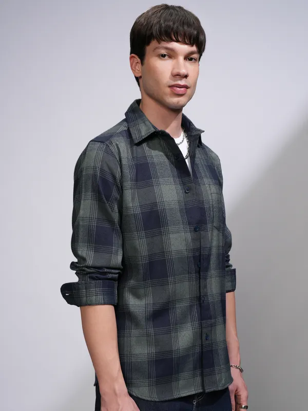 Highlander Men Olive Checked Slim Fit Casual Shirt