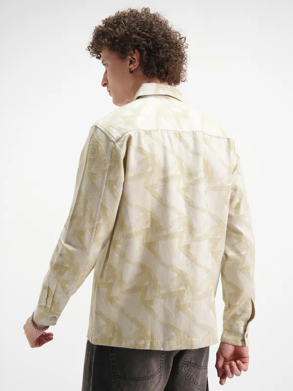 Highlander Men Beige Self Design Relaxed Fit Casual Shirt