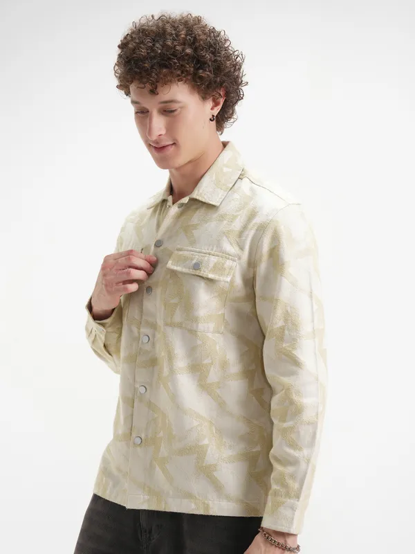 Highlander Men Beige Self Design Relaxed Fit Casual Shirt