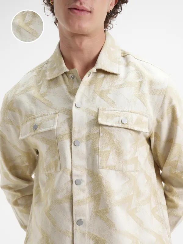 Highlander Men Beige Self Design Relaxed Fit Casual Shirt