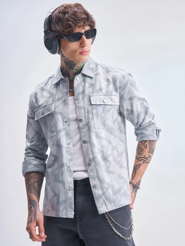 Highlander Men Blue Self Design Relaxed Fit Casual Shirt