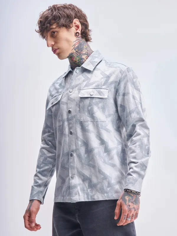 Highlander Men Blue Self Design Relaxed Fit Casual Shirt