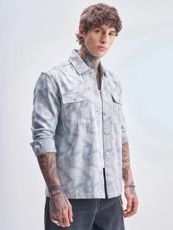 Highlander Men Blue Self Design Relaxed Fit Casual Shirt