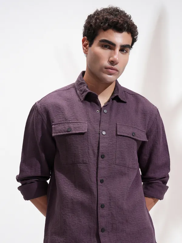 Highlander Men Purple Self Design Relaxed Fit Casual Shirt