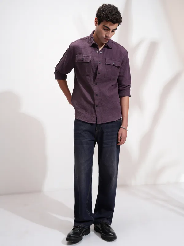 Highlander Men Purple Self Design Relaxed Fit Casual Shirt