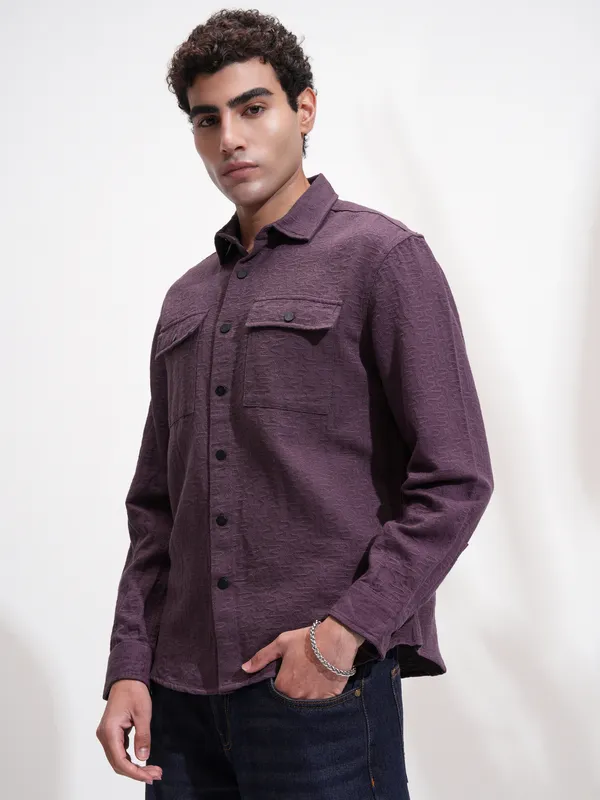 Highlander Men Purple Self Design Relaxed Fit Casual Shirt