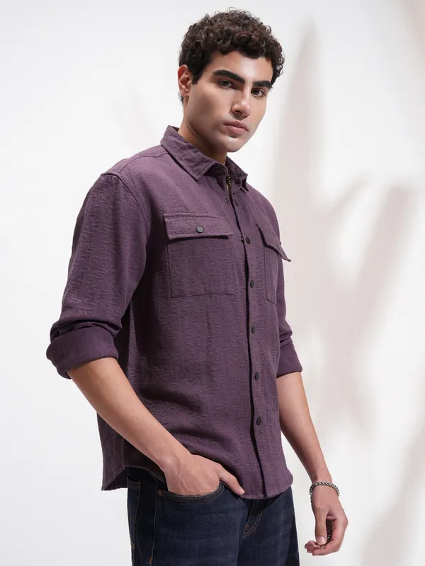 Highlander Men Purple Self Design Relaxed Fit Casual Shirt