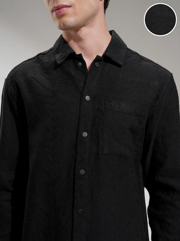 Highlander Men Black Self Design Relaxed Fit Casual Shirt