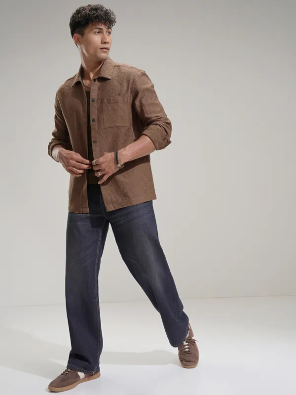 Highlander Men Mustard Self Design Relaxed Fit Casual Shirt