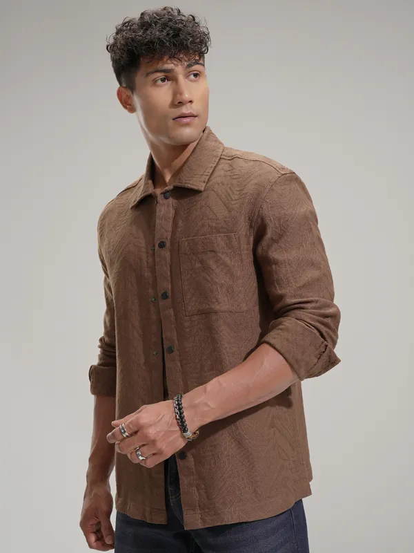 Highlander Men Mustard Self Design Relaxed Fit Casual Shirt