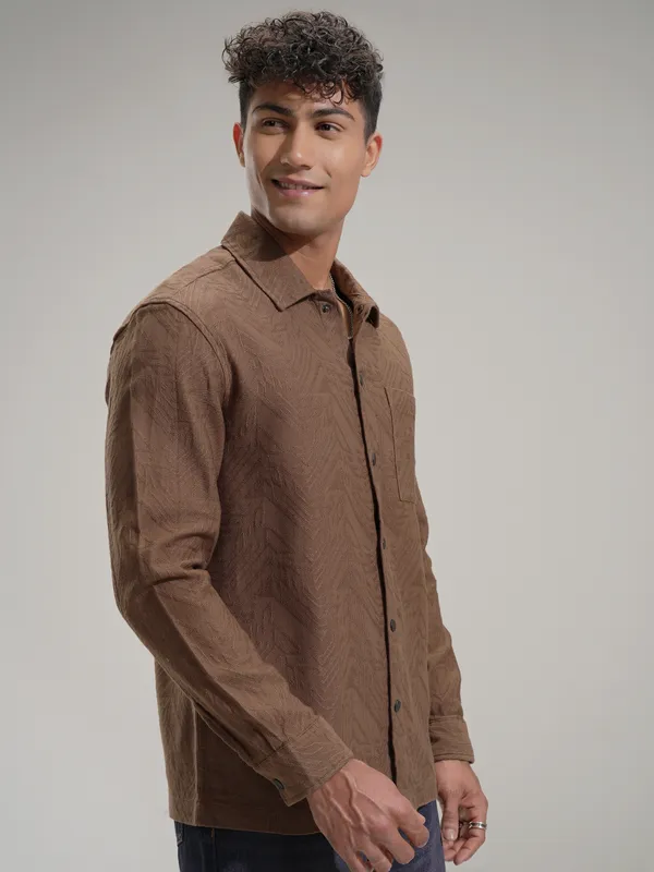 Highlander Men Mustard Self Design Relaxed Fit Casual Shirt