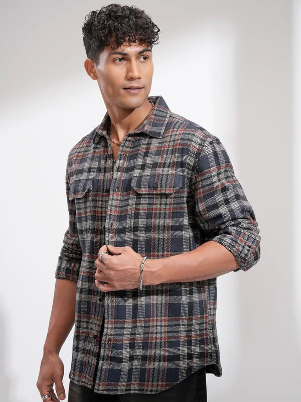Highlander Men Navy Blue Checked Relaxed Fit Casual Shirt