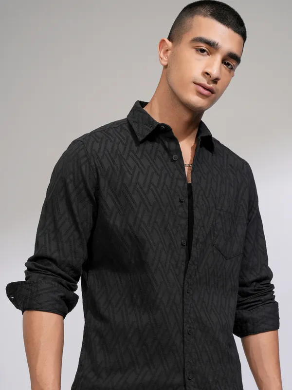 Highlander Men Black Self Design Slim Fit Casual Shirt