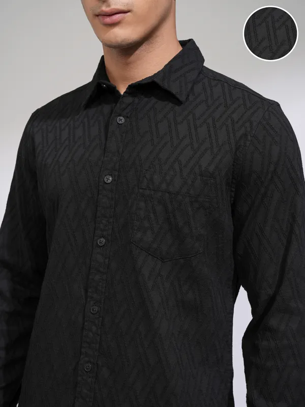 Highlander Men Black Self Design Slim Fit Casual Shirt