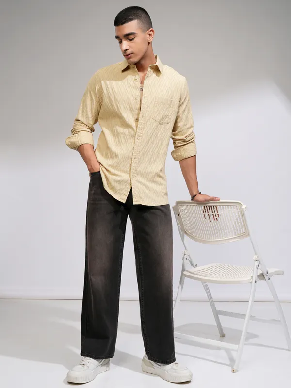 Highlander Men Beige Self Design Slim Fit Casual Shirt