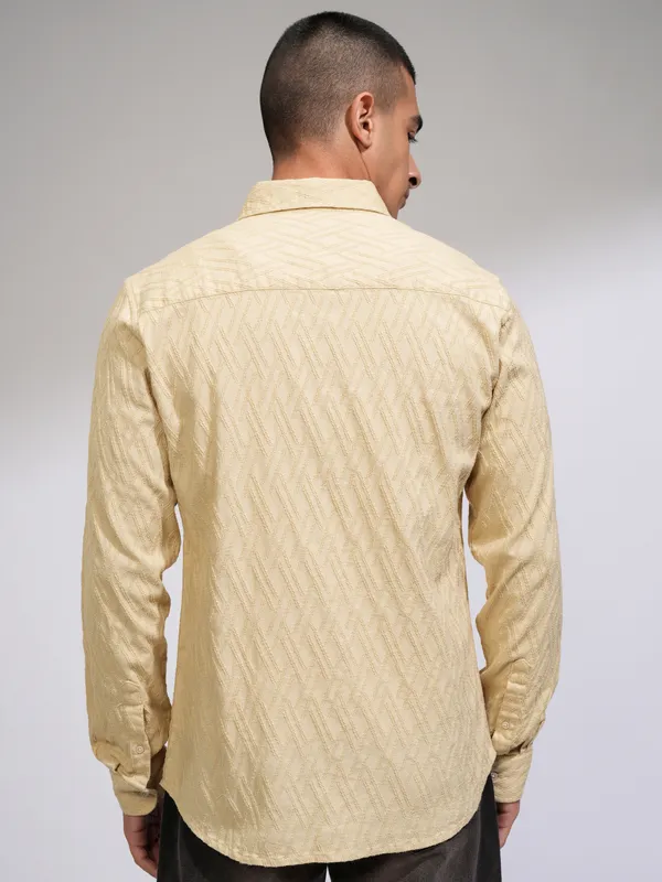 Highlander Men Beige Self Design Slim Fit Casual Shirt