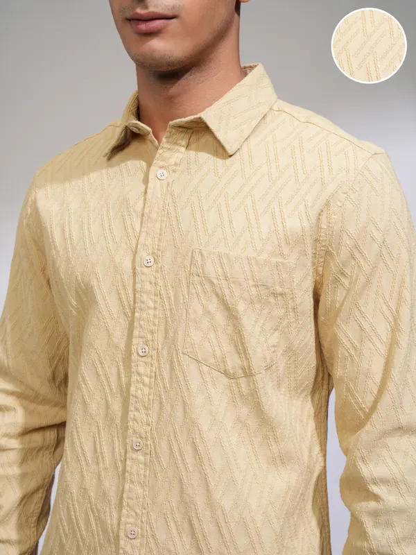 Highlander Men Beige Self Design Slim Fit Casual Shirt