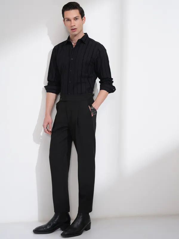Highlander Men Black Striped Slim Fit Casual Shirt