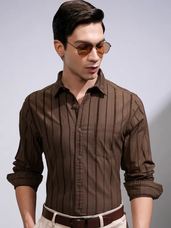 Highlander Men Coffee Brown Striped Slim Fit Casual Shirt
