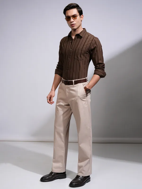 Highlander Men Coffee Brown Striped Slim Fit Casual Shirt
