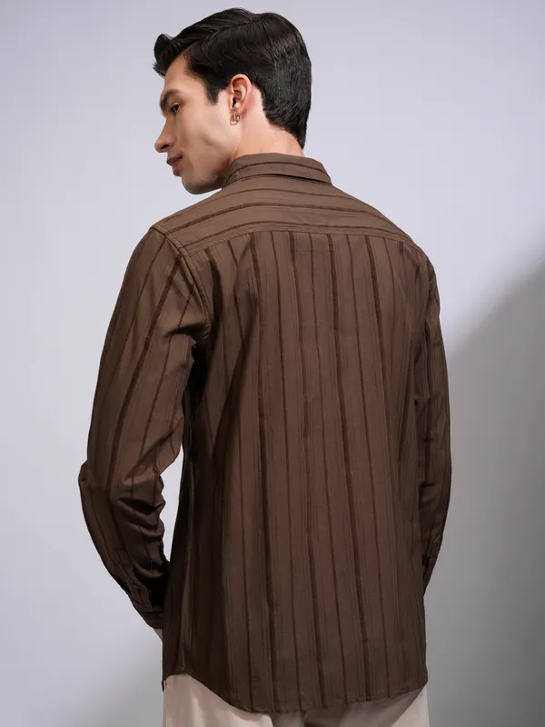Highlander Men Coffee Brown Striped Slim Fit Casual Shirt