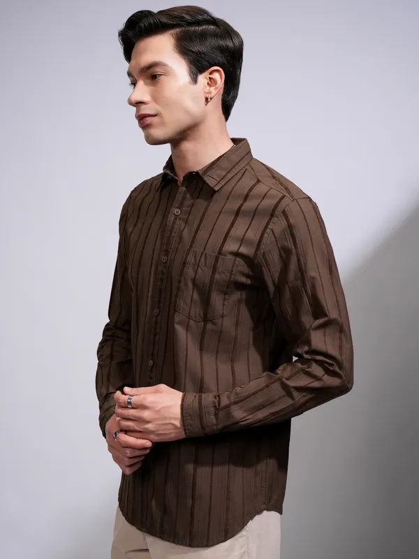 Highlander Men Coffee Brown Striped Slim Fit Casual Shirt