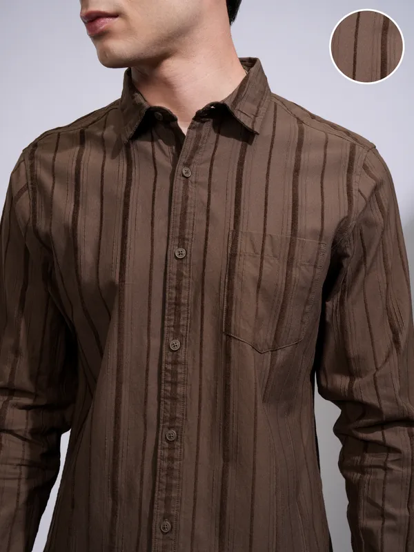 Highlander Men Coffee Brown Striped Slim Fit Casual Shirt