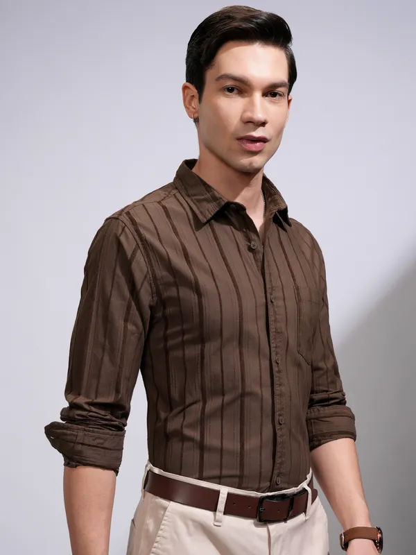 Highlander Men Coffee Brown Striped Slim Fit Casual Shirt