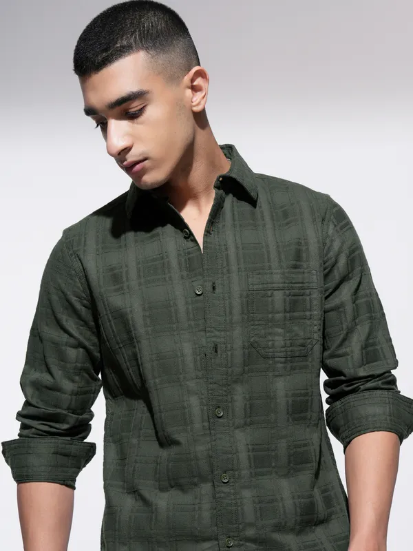 Highlander Men Olive Checked Slim Fit Casual Shirt