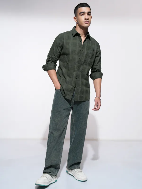 Highlander Men Olive Checked Slim Fit Casual Shirt