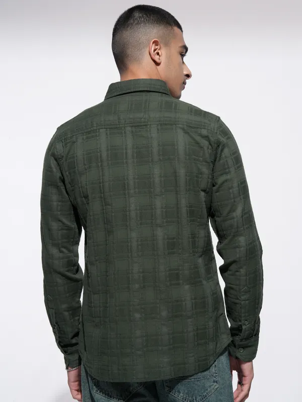 Highlander Men Olive Checked Slim Fit Casual Shirt