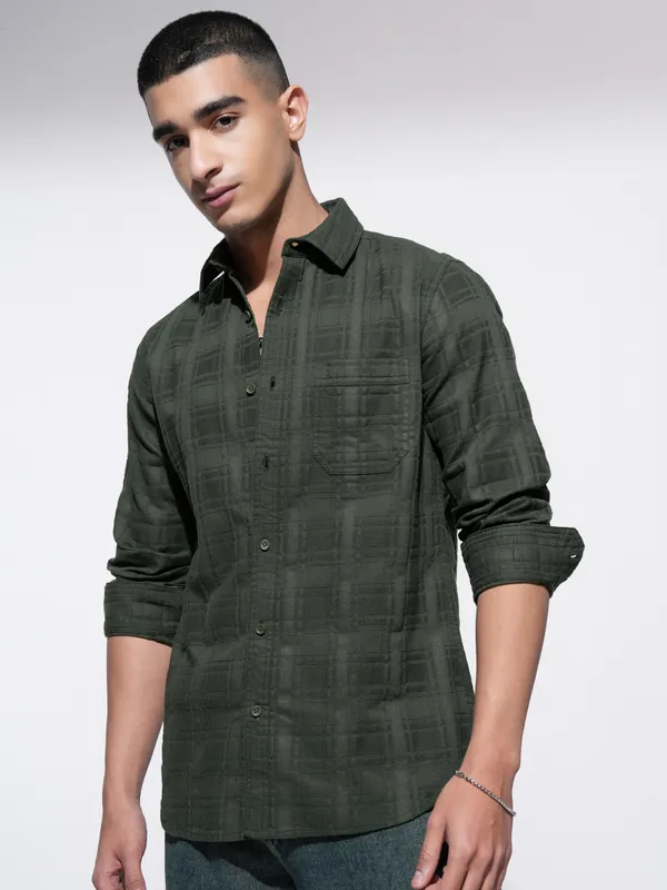 Highlander Men Olive Checked Slim Fit Casual Shirt
