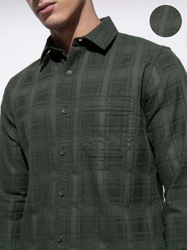 Highlander Men Olive Checked Slim Fit Casual Shirt