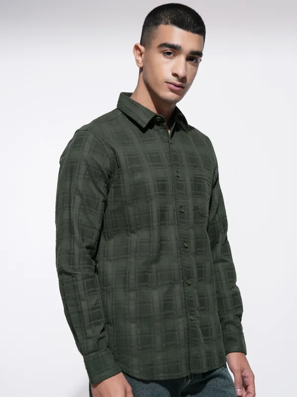 Highlander Men Olive Checked Slim Fit Casual Shirt