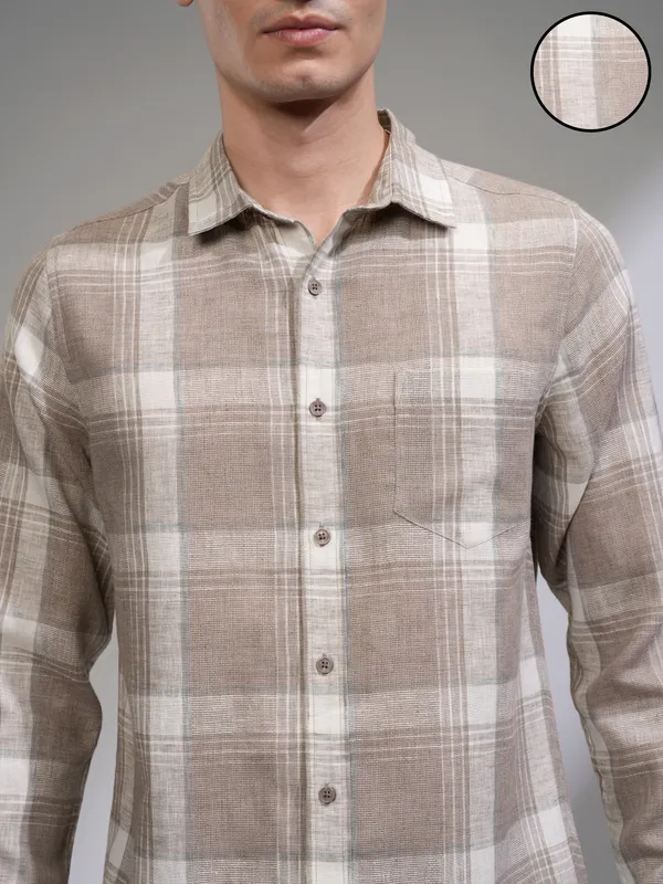 Highlander Men Tan Checked Slim Fit Casual Shirt