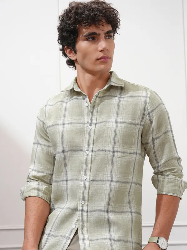 Highlander Men Olive Checked Slim Fit Casual Shirt