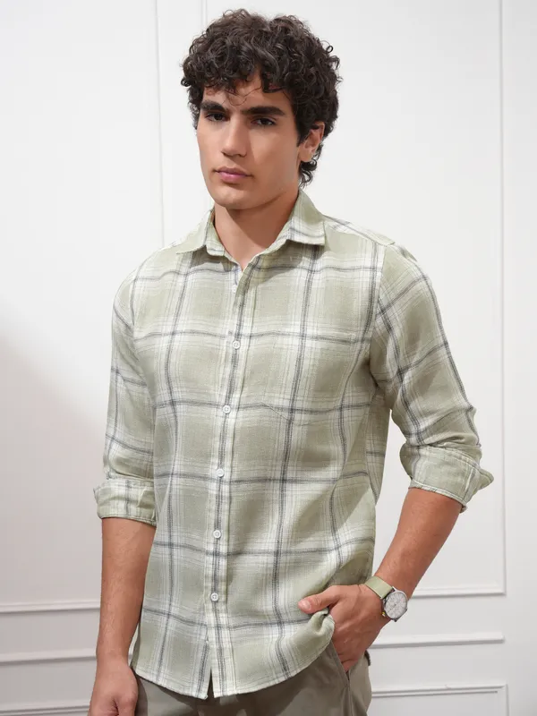 Highlander Men Olive Checked Slim Fit Casual Shirt