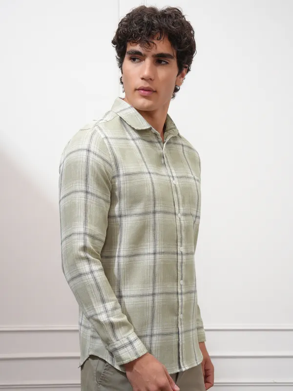 Highlander Men Olive Checked Slim Fit Casual Shirt
