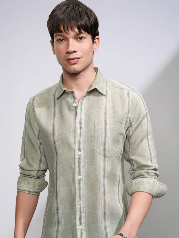 Highlander Men Olive Striped Slim Fit Casual Shirt