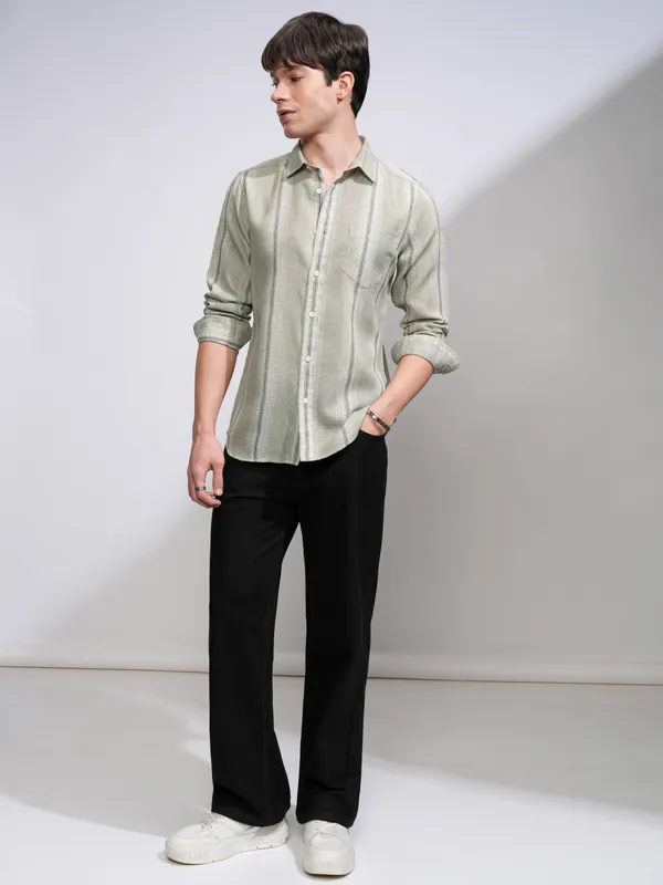 Highlander Men Olive Striped Slim Fit Casual Shirt