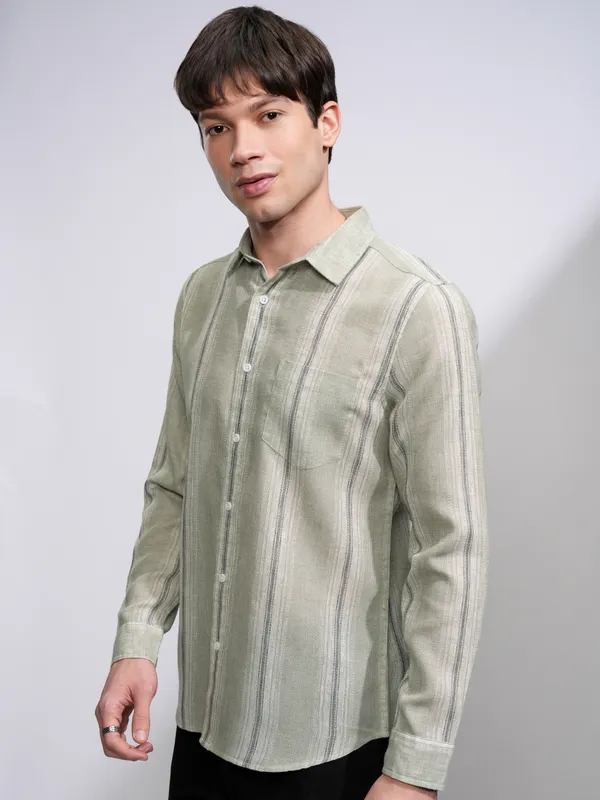 Highlander Men Olive Striped Slim Fit Casual Shirt