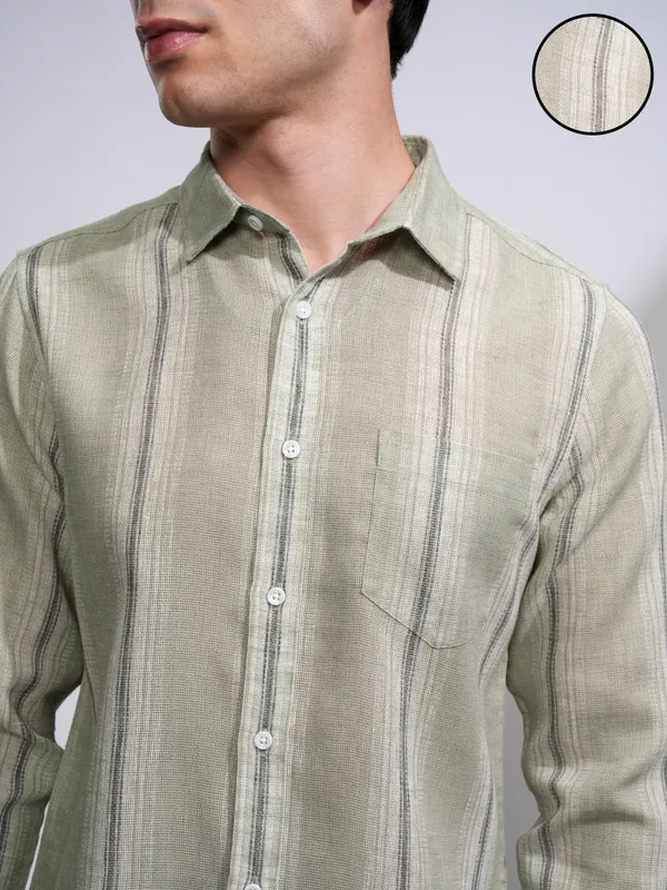 Highlander Men Olive Striped Slim Fit Casual Shirt