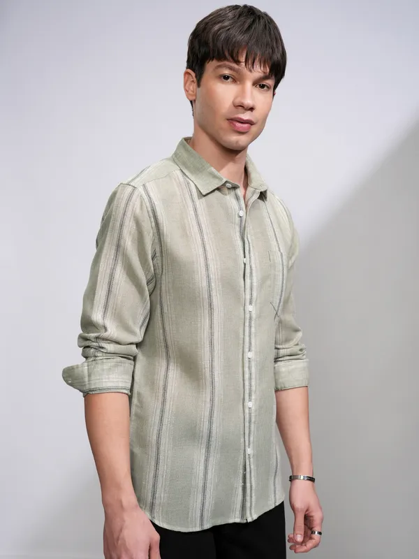 Highlander Men Olive Striped Slim Fit Casual Shirt