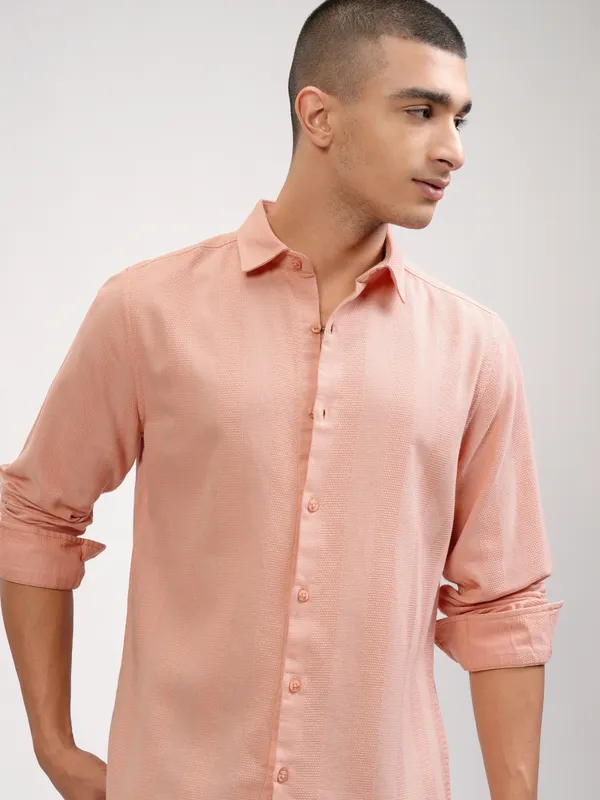 Highlander Men Peach Striped Slim Fit Casual Shirt
