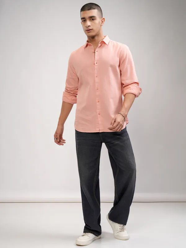 Highlander Men Peach Striped Slim Fit Casual Shirt